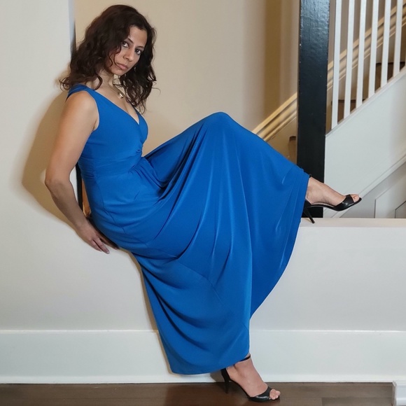 LAUREN RALPH LAUREN Sleeveless V-neck Jersey Formal Maxi Dress Royal Blue size 0 - Picture 4 of 15